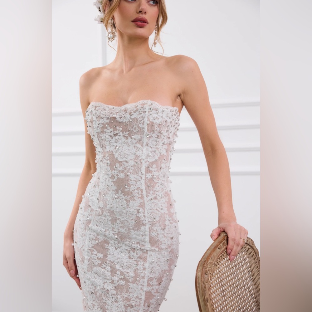 V. Chapman Strapless Lace Midi Dress in White - Picture 2 of 8